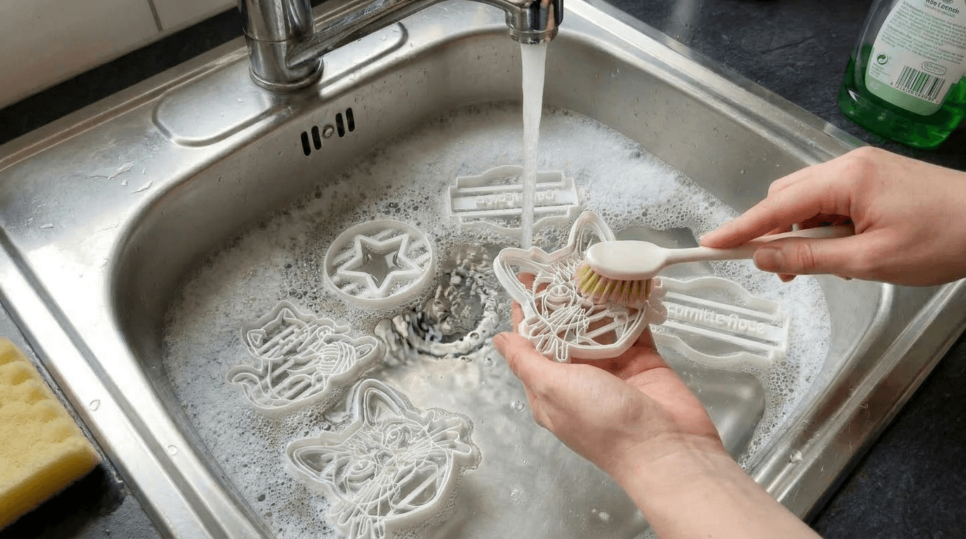 3D printed cookie cutters being cleaned in soapy water
