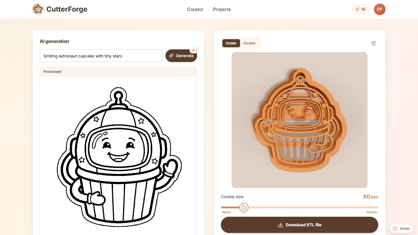 AI cookie cutter generator creating a smiling astronaut cupcake cutter in CutterForge