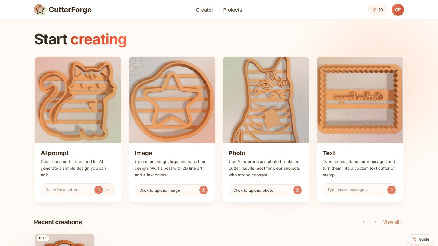 CutterForge cookie cutter generator dashboard with AI, image, photo, and text creation options