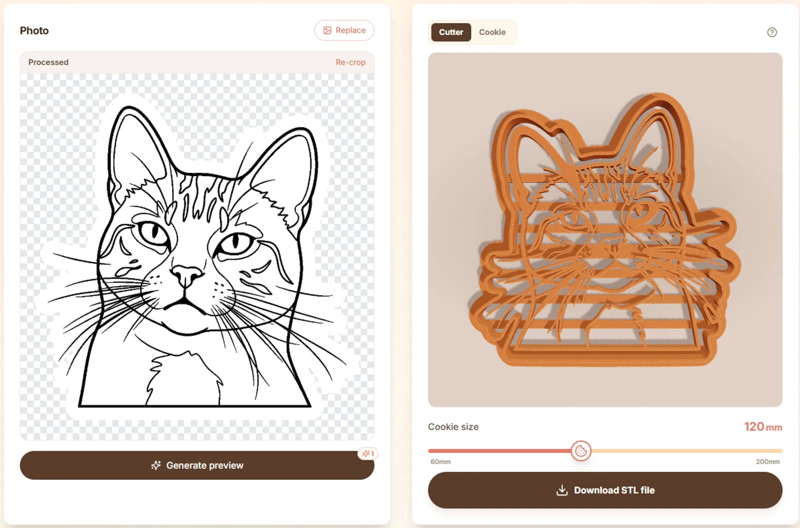 CutterForge photo creator showing AI-optimized cat line art and a cookie cutter STL preview